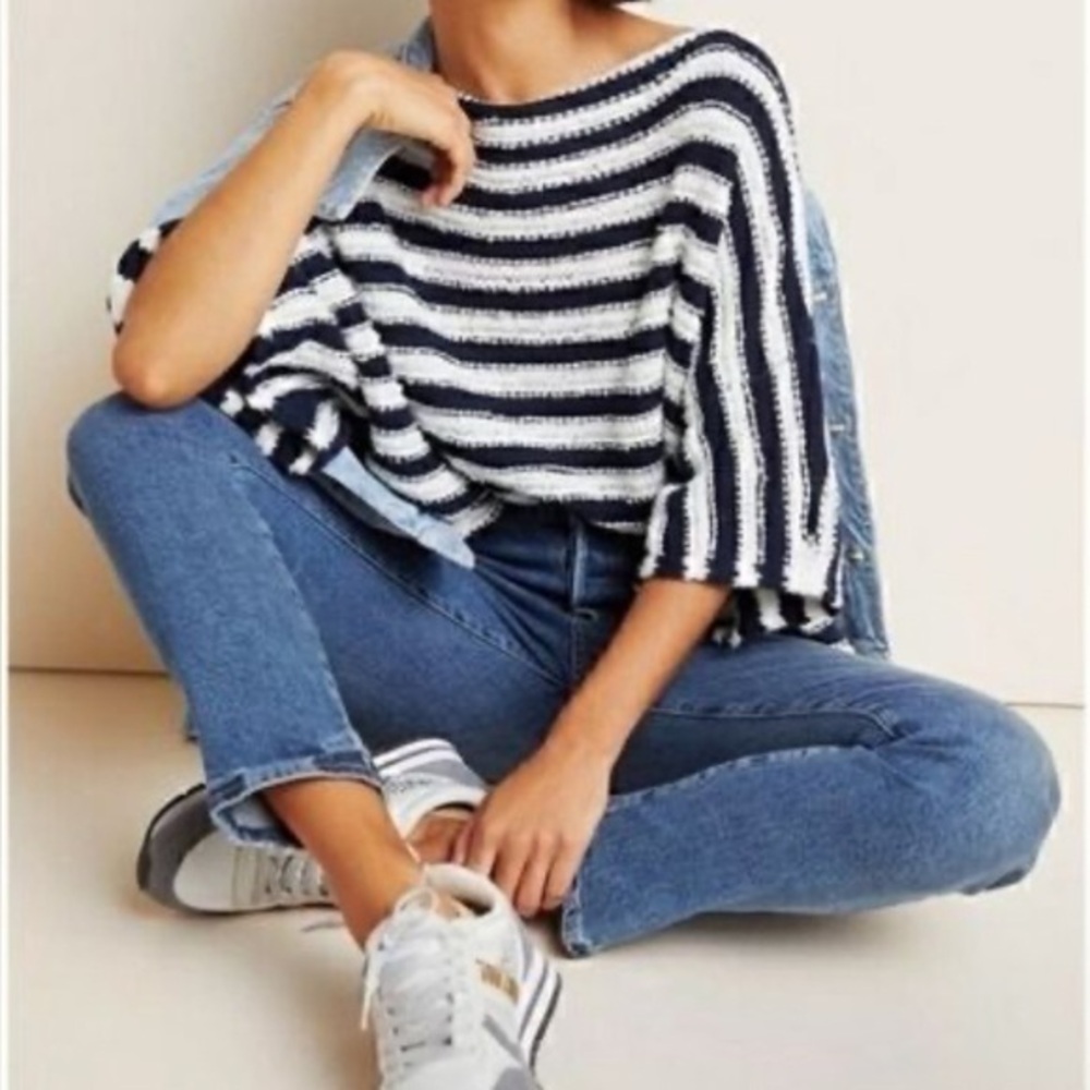 NWT Anthropologie Evie Poncho Blue  Striped Knit Sweater XS/S